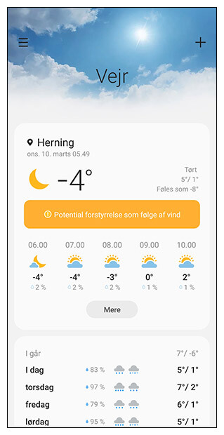 Vejr widget på Android smart phone